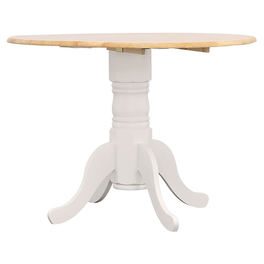 Greer Natural Brown and White Round Dining Table with Drop Leaf - Wooden Pedestal Base, Expandable Top, Rustic Style