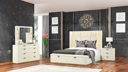 La Pierre Modern Style 4 Pc Queen Upholstered Bedroom Set Made with Wood and Gold Accents in Beige(NJ INVENTORY)