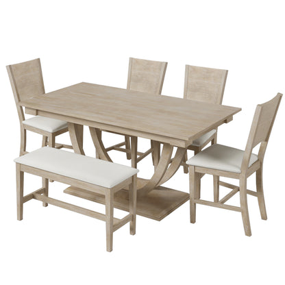 TOPMAX Modern Style Natural Wood 6-Piece Dining Table Set with Bench and Chairs, Upholstered Seats, Rubberwood Frame