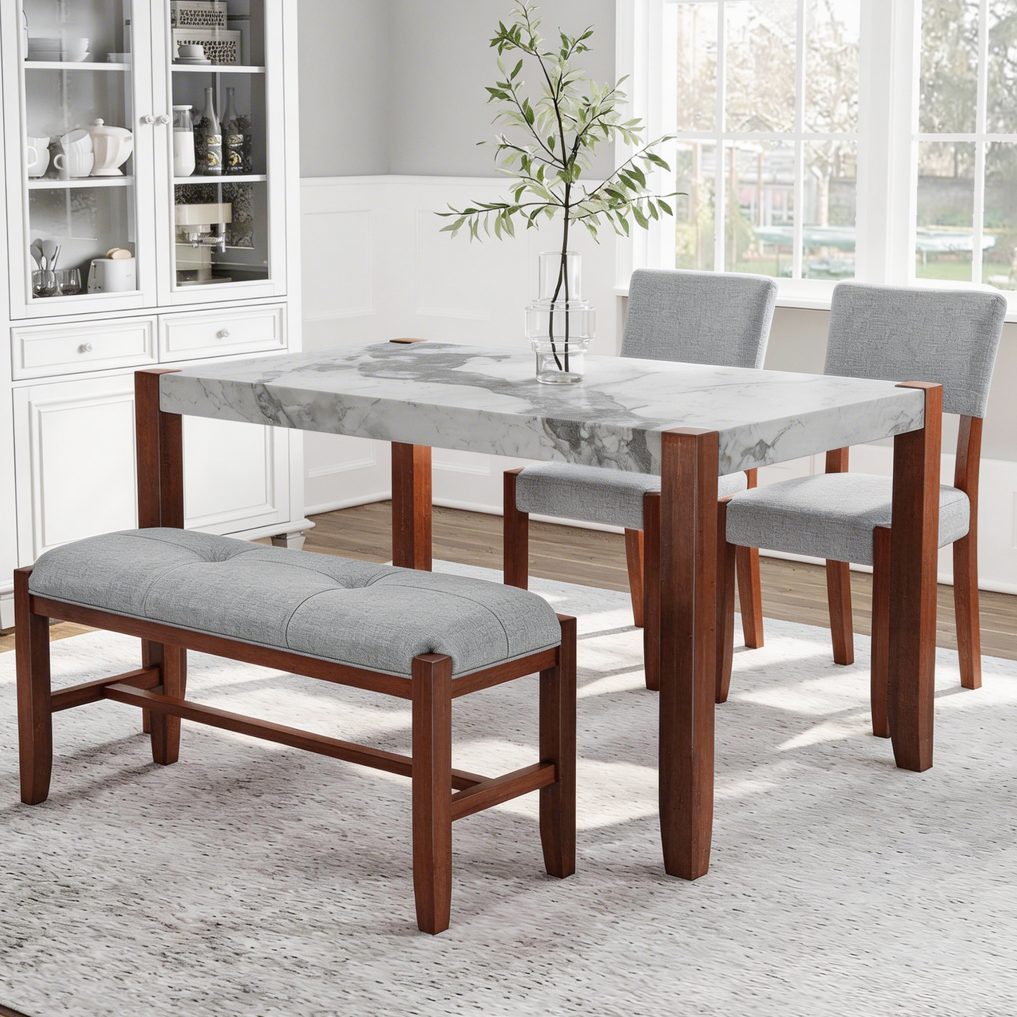 4-Piece Dining Set, 1 Marble-Look Table with 2 Upholstered Chairs and 1 Bench with Solid Rubber Wood Legs, Padded Seat, Curved Backrest, Space-Saving, Dining Room, Gray