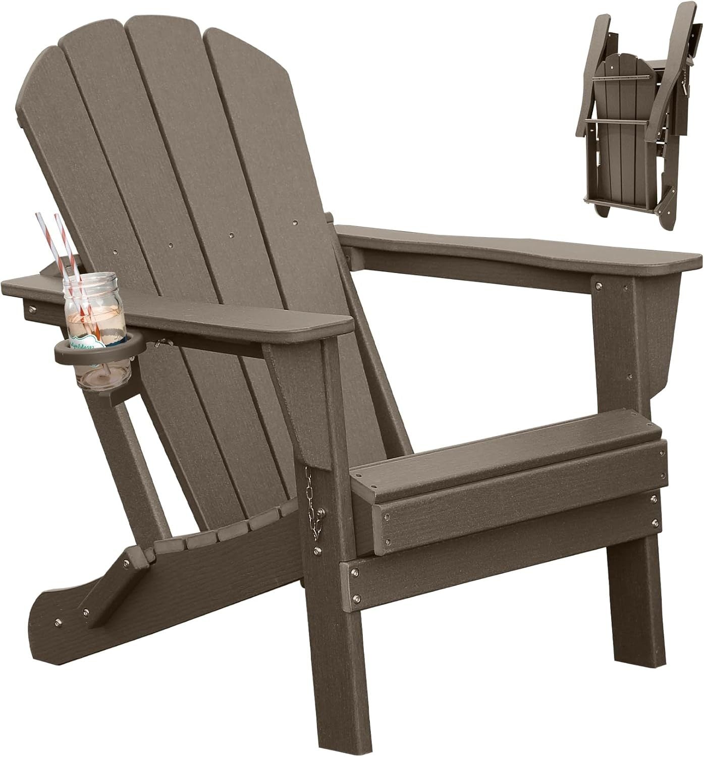 Adirondack Chair, Plastic Adirondack Chairs, HDPE Adirondack Chair, Folding Adirondack Chairs,Outdoor Chairs with Cup Holder for Lawn Patio Deck Fire Pit -Brown