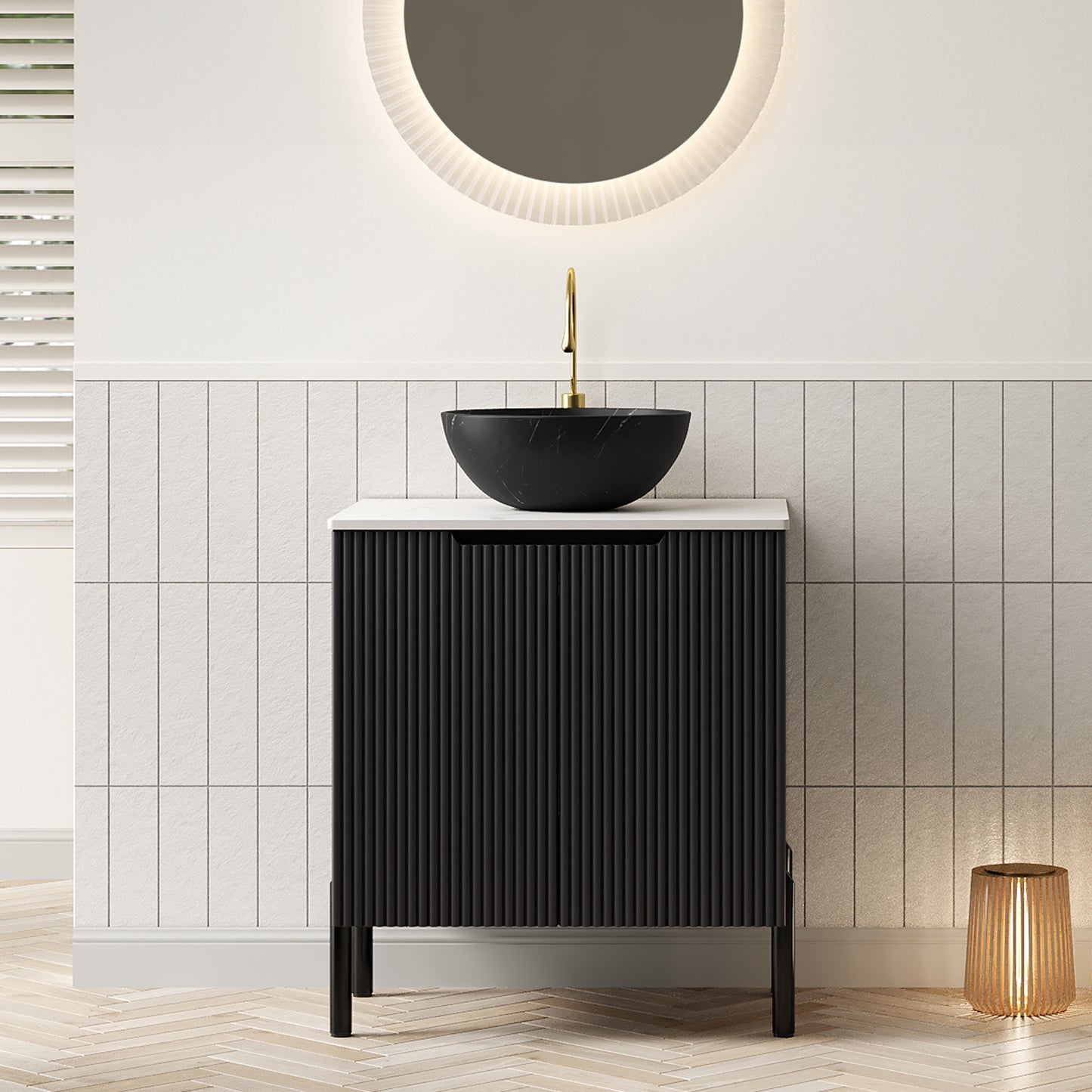 TURIO 24' Bathroom Vanity with Sink, Freestanding Bathroom Storage Cabinet with 2 Doors, Black Bowl Ceramic Basin with Stone Pattern and Carrara White Sintered Stone Countertop, No Faucet, Black Color