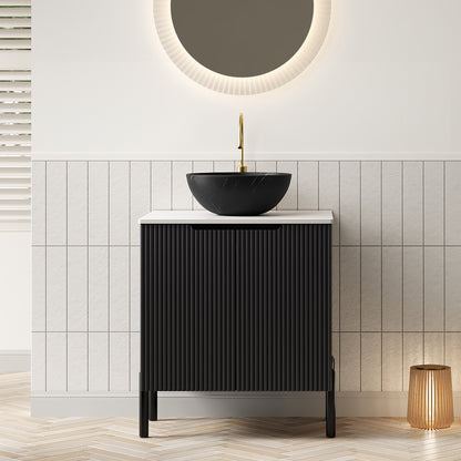 TURIO 24' Bathroom Vanity with Sink, Freestanding Bathroom Storage Cabinet with 2 Doors, Black Bowl Ceramic Basin with Stone Pattern and Carrara White Sintered Stone Countertop, No Faucet, Black Color