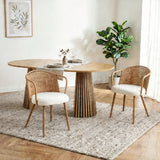 Solid wood stretching dining table + brown wicker dining chairs 2-piece set - farmhouse style farm chairs