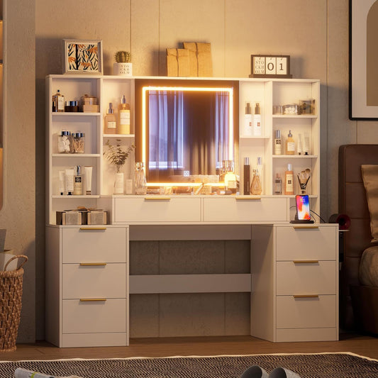 Makeup Vanity Desk with Mirror and Lights, 59' Large Vanity Table with 8Drawers & Open Storage Shelves, Brightness Adjustable, Dressing Table for Bedroom, Women and Girl