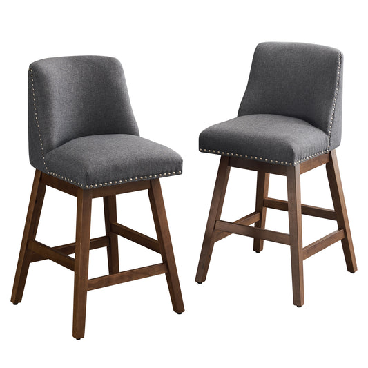 Upholstered Swivel Bar Stools Set of 2, 26' Counter Height Modern Chairs with Ergonomic Design, Wood Frame & Adjustable Foot Pad for Kitchen Island, Home Bar, Dining Room, Dark Grey