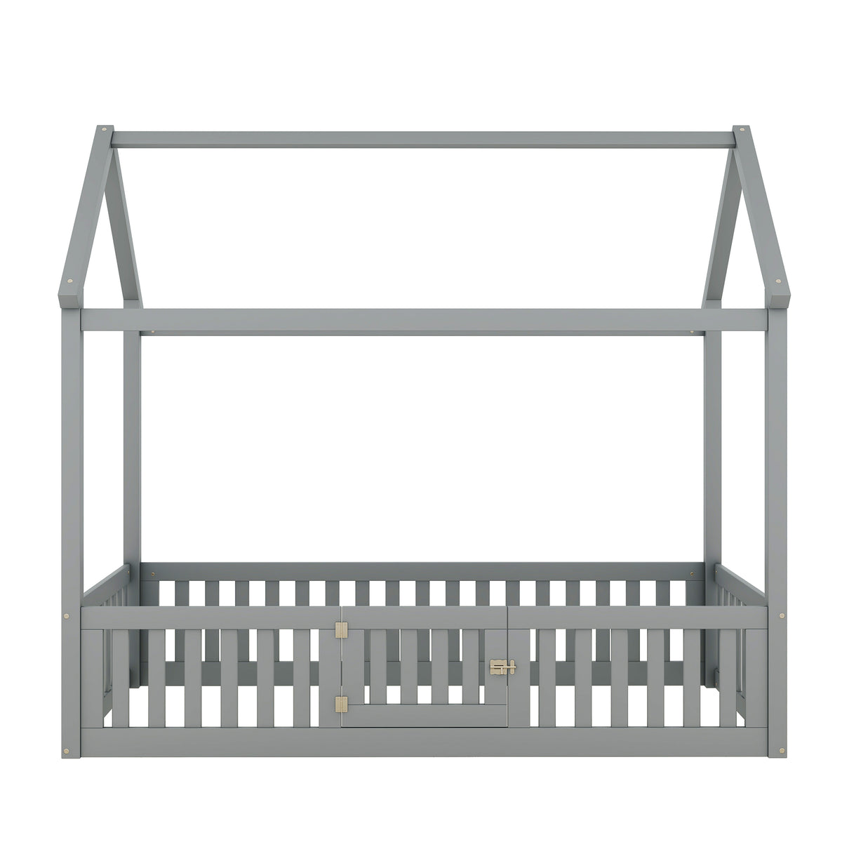 Twin Size Wood House Bed with Fence and Door in Gray, Pine Wood and MDF Construction