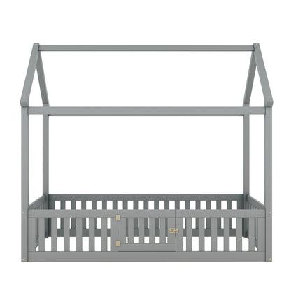Twin Size Wood House Bed with Fence and Door in Gray, Pine Wood and MDF Construction