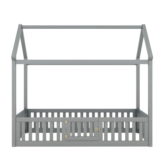 Twin Size Wood House Bed with Fence and Door in Gray, Pine Wood and MDF Construction