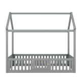 Twin Size Wood House Bed with Fence and Door in Gray, Pine Wood and MDF Construction