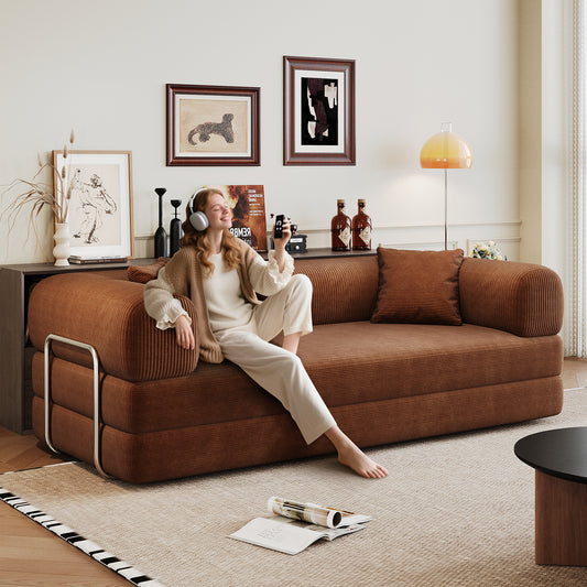78.8' Compression Sofa,Convertible Floor Sofa Bed-with Pillow Back Support Armrest,Comfy Futon Couch Sleeper Bed,Loveseats Boneless Modular Sectional Sofa,Corduroy fabric,for Living Room,Bedroom,Brown