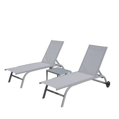 Chaise Lounge Outdoor Set of 3, Lounge Chairs for Outside with Wheels, Outdoor Lounge Chairs with 5 Adjustable Position, Pool Lounge Chairs for Patio, Beach(Grey,2 Lounge Chairs+1 Table)
