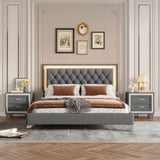 3-Pieces Bedroom Sets,Queen Size Upholstered Platform Bed with LED Lights and Two Nightstands-Gray