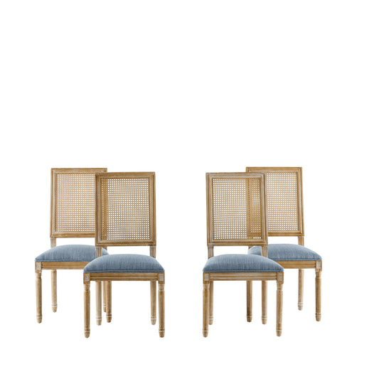 French Country Dining Chairs Set of 4 - Elegant Cane Backrest & Upholstered Seats - Rustic Weathered Finish - Solid Rubberwood Frame