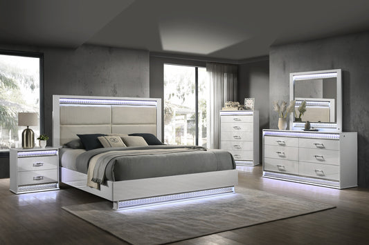 Glam Modern Style 5 Pc Queen Bedroom Set with LED Headboard Made with Wood in White(NJ INVENTORY)