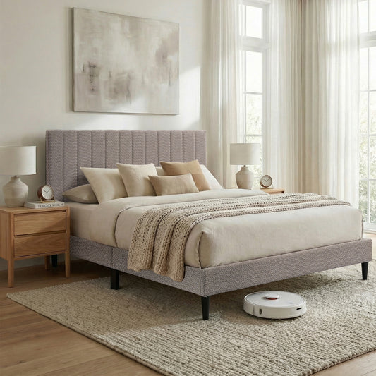 Gray Upholstered Queen Platform Bed Frame, Tufted Channel Headboard, Mid-Century Bedroom Furniture, No Box Spring Required, Bed Frame Wood Slats, Modern Soft Boucle, 64.25' x 84.5' x 45'