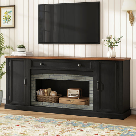 Elegant Walnut TV Stand with Gray Brick Accents for TVs Up to 70', Contemporary Sideboard with Drawer, Adjustable Shelves, Stylish Farmhouse TV Cabinet with Cable Management for Living Room, Black