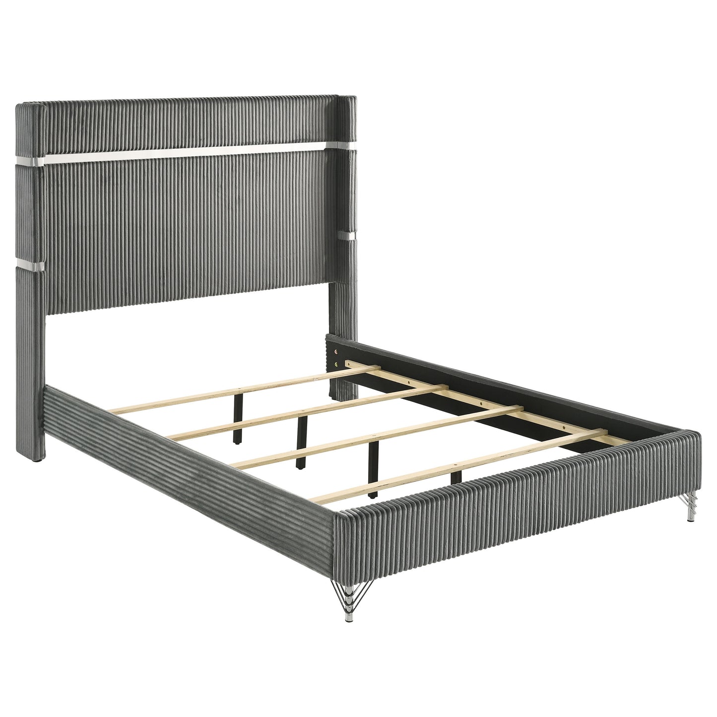 Malcolm Grey and Black 4-Piece Queen Bedroom Set with Wingback Design, Velvet-Like Fabric in Grey on Black Finish, Modern Storage Furniture