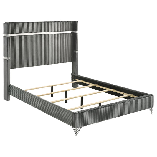Malcolm Grey and Black 4-Piece Queen Bedroom Set with Wingback Design, Velvet-Like Fabric in Grey on Black Finish, Modern Storage Furniture