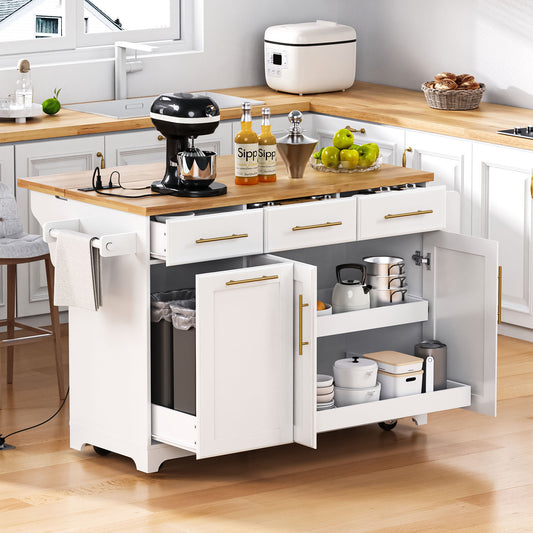K&K 59.3' Kitchen Island with Storage 2 Pull Out Cabinet Organizers & Rubber Wood Drop Leaf, Rolling Kitchen Island with Trash Can Storage, Power Outlet, Spice & Towel Rack for Kitchen, Dining, White