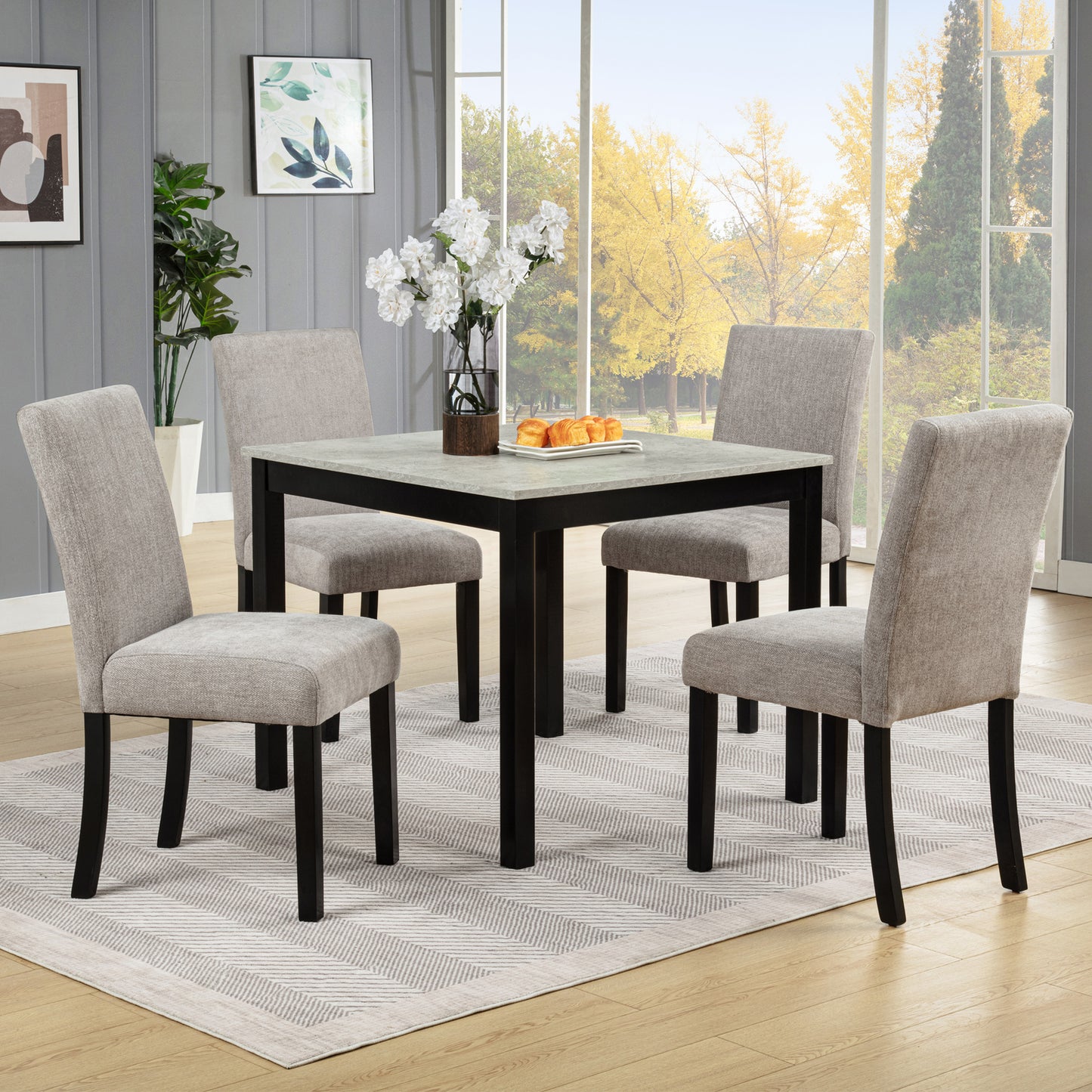 5-Piece Dining Set with Concrete-Effect Melamine Tabletop, Modern Wooden Dining Table Set, Solid Wood Kitchen Table Chairs Set of 4 for Dining Room, Kitchen, Restaurant, Grey&Black