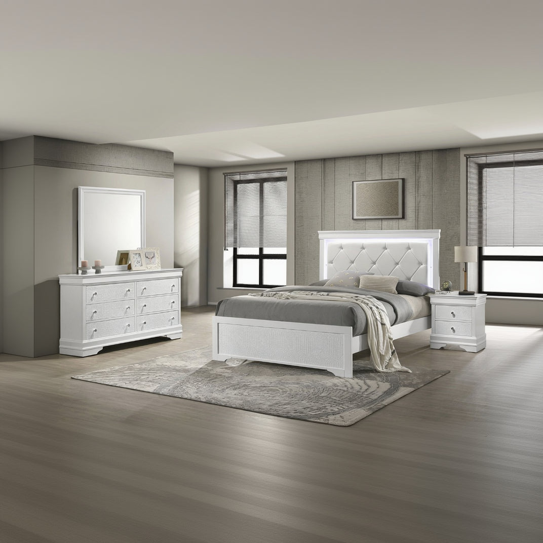 Blaze Upholstered Modern Style 4 Pc Queen Bedroom Set with LED Headboard Made with Wood in White(CA WAREHOUSE)
