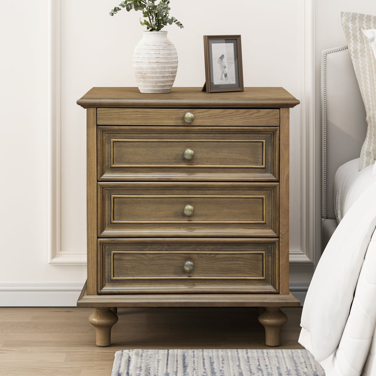 Farmhouse Nightstands with 4 Drawer,Wood Storage End Table with Hidden Pull-Out Shelf, Large Side Table with 4 Solid Wood Feet and Metal Handle,Easy Assembly,Light Brown