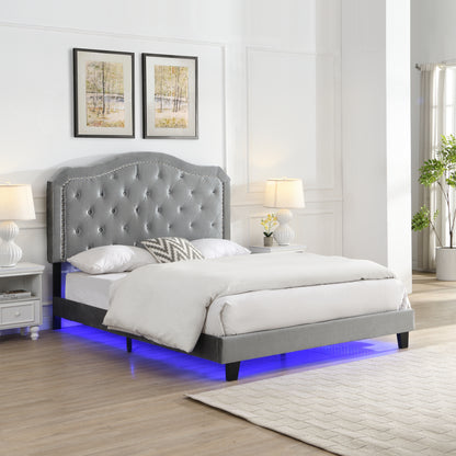 Upholstered Bed Button Tufted with Curve Design - Strong Wood Slat Support - Easy Assembly - Light Grey Velvet - With LED light-platform bed - Queen