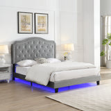 Upholstered Bed Button Tufted with Curve Design - Strong Wood Slat Support - Easy Assembly - Light Grey Velvet - With LED light-platform bed - Queen