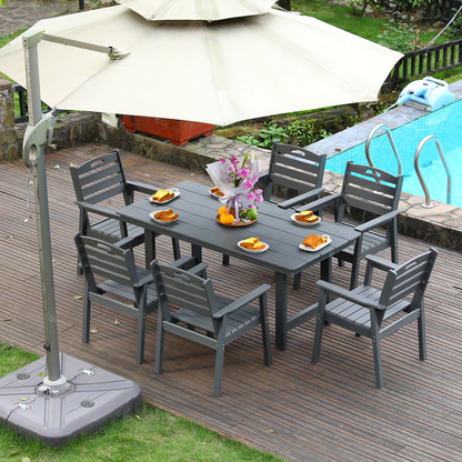 HDPE outdoor patio dining set, one table and six chairs. The outdoor dining furniture has sunshade holes and is suitable. It is suitable for lawns, gardens, backyards, and pool sides.Grey,Waterproof