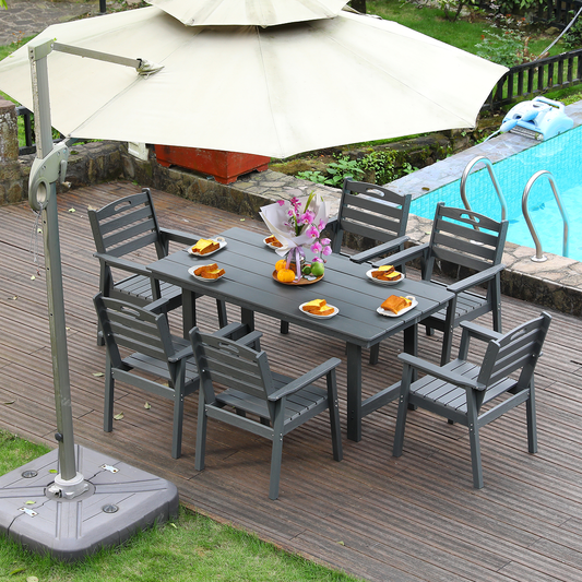 HDPE outdoor patio dining set, one table and six chairs. The outdoor dining furniture has sunshade holes and is suitable. It is suitable for lawns, gardens, backyards, and pool sides.Grey,Waterproof