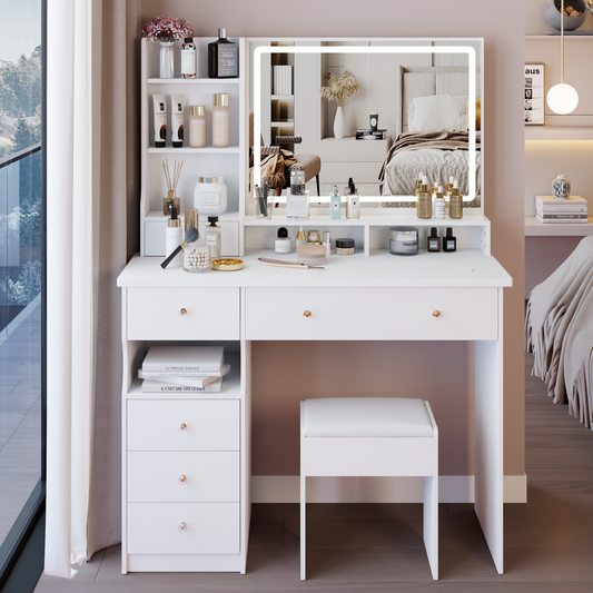 41' Large Sized Desktop Vanity Table + Cushioned Stool, Oversized desktop, Large Touch Control LED Mirror, 3-color Switch, Multi Layer High Capacity Storage Fashion Dresser, EPA, GCC, UL Certificate