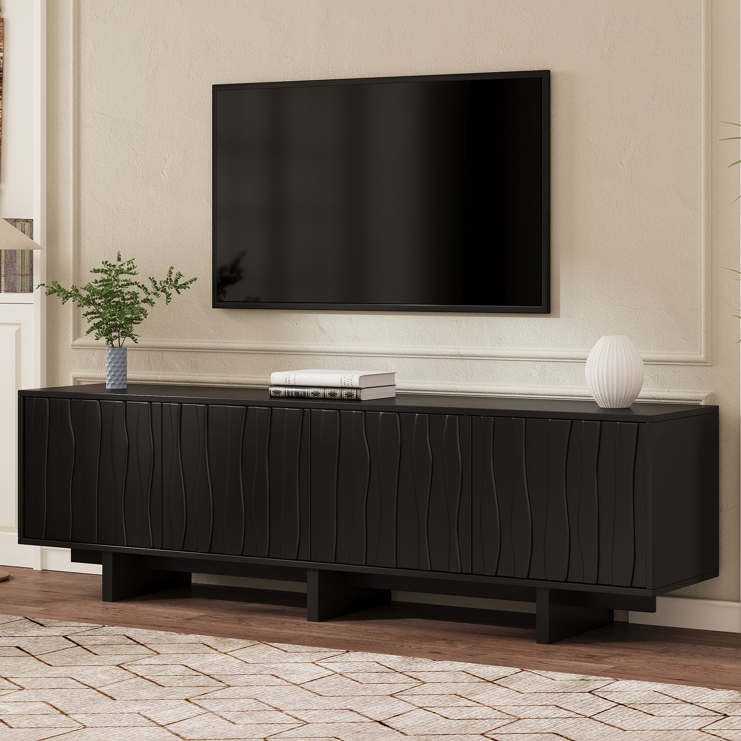 [Video Provided] Retro Style Wood Grain TV Stand with Wavy Door for TVs up to 75', Rustic Media Console with Ample Storage Space, Sturdy Base TV Cabinet with Cable Management for Living Room, Black