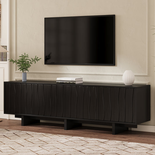[Video Provided] Retro Style Wood Grain TV Stand with Wavy Door for TVs up to 75', Rustic Media Console with Ample Storage Space, Sturdy Base TV Cabinet with Cable Management for Living Room, Black