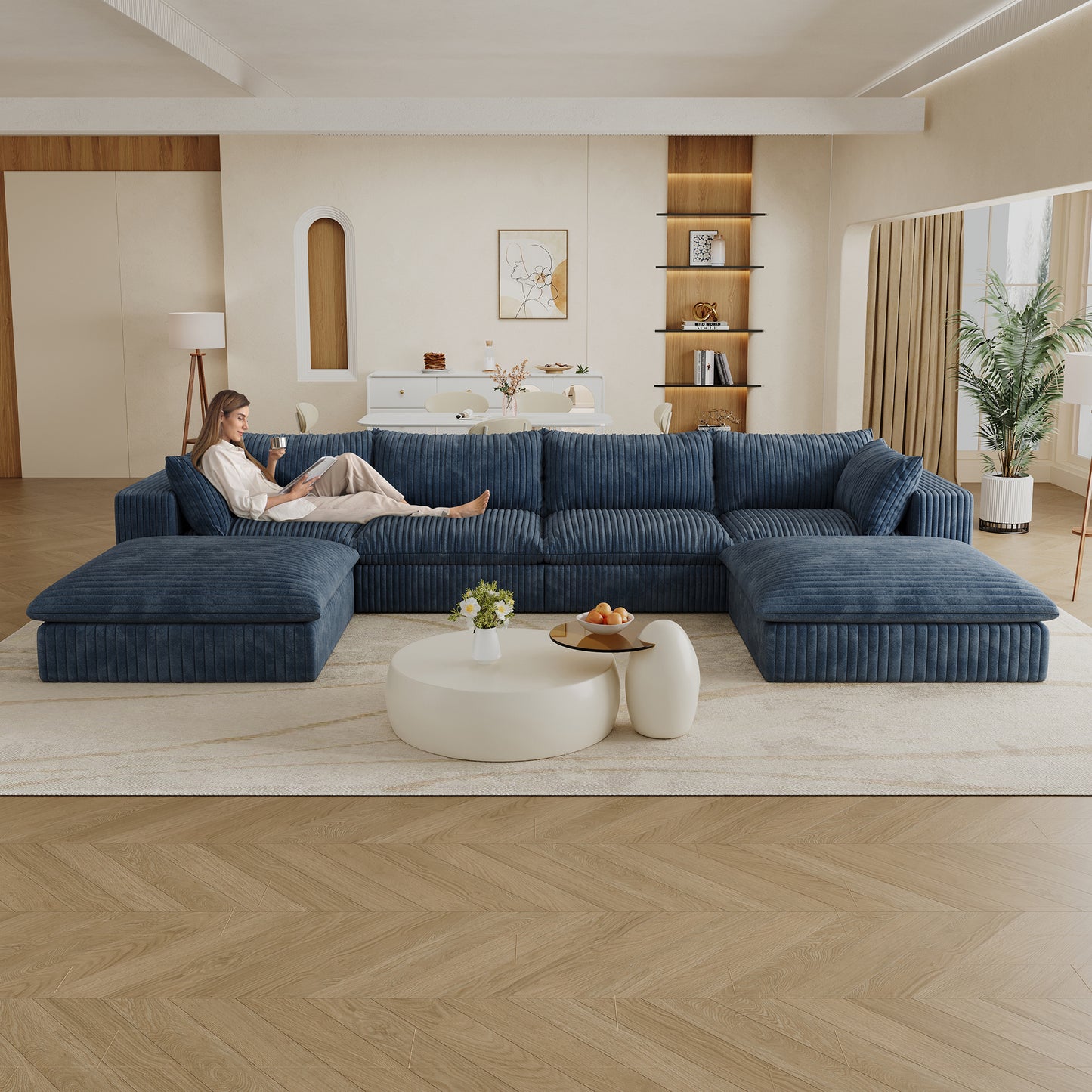 157.6'Cloud Sofa,Corduroy Fabric,Deep Seat Couches,Double-layer design,Removable  Cushion,No Assembly,DIY Combination for Living room, Bedroom,Conference room ,Apartment,Blue