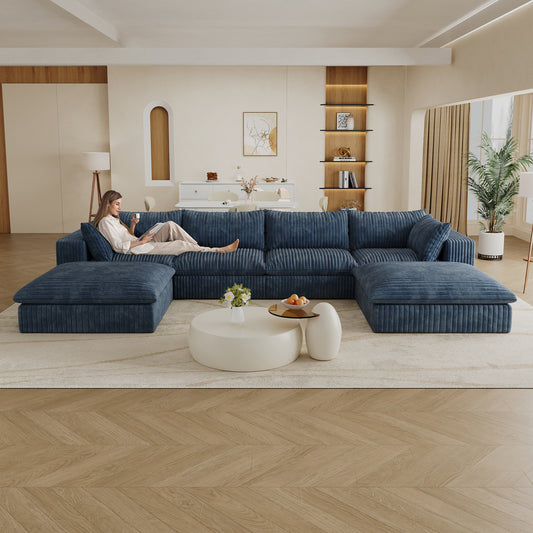 157.6'Cloud Sofa,Corduroy Fabric,Deep Seat Couches,Double-layer design,Removable  Cushion,No Assembly,DIY Combination for Living room, Bedroom,Conference room ,Apartment,Blue