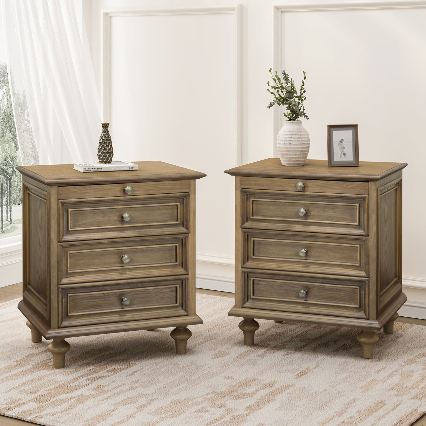 Farmhouse Nightstands Set of 2 with 4 Drawer,Wood Storage End Table with Hidden Pull-Out Shelf, Large Side Table with 4 Solid Wood Feet and Metal Handle,Easy Assembly,Light Brown