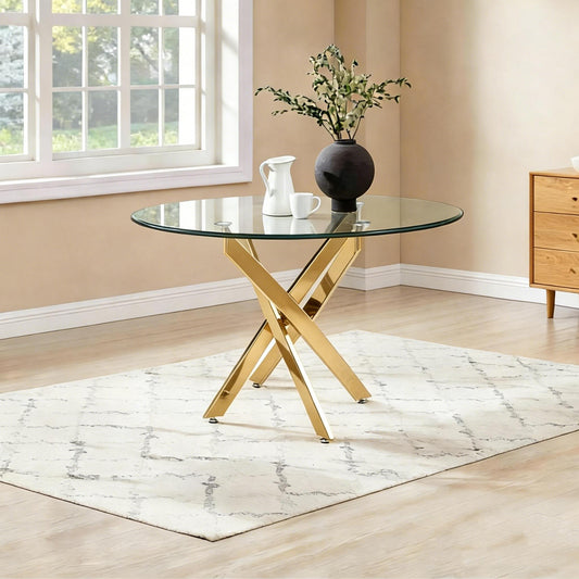 Modern Round Glass Table, 35.43 inches Of Tempered Glass With A Golden Frame.Kitchen Table Set For Dining Room, Party Table,Conference Table,Living Room,Office,Cafe,Home Kitchen,Bedroom