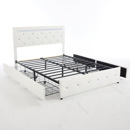 White PU Upholstered Queen Bed Frame with LED Light, 4 Storage Drawers, Adjustable Headboard, Charging Station, Metal Frame, No Box Spring Needed