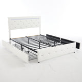 White PU Upholstered Queen Bed Frame with LED Light, 4 Storage Drawers, Adjustable Headboard, Charging Station, Metal Frame, No Box Spring Needed