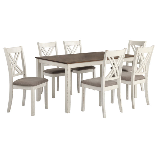 Ebers Chestnut and Vintage White 7-Piece Dining Set with Rustic Two-Tone Finish, Light Brown Upholstered Chairs, Solid Wood Construction