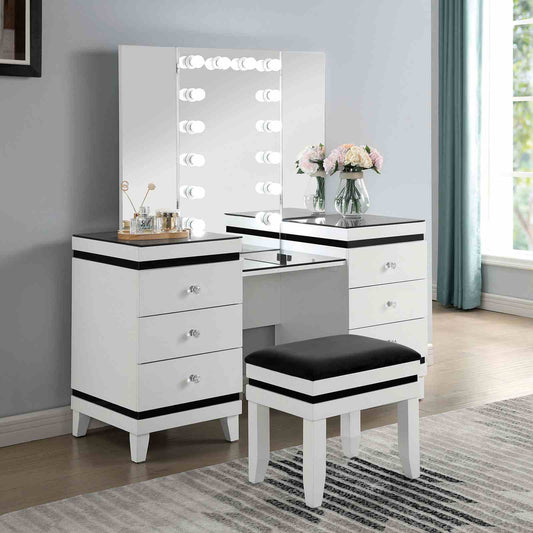 Contemporary Style 1pc Vanity Set Tri-Fold Mirror 14pcs Bulbs Black Glass Table Top Upholstered Stool Seat Knob Handles Felt Lined drawers Black And White Finish