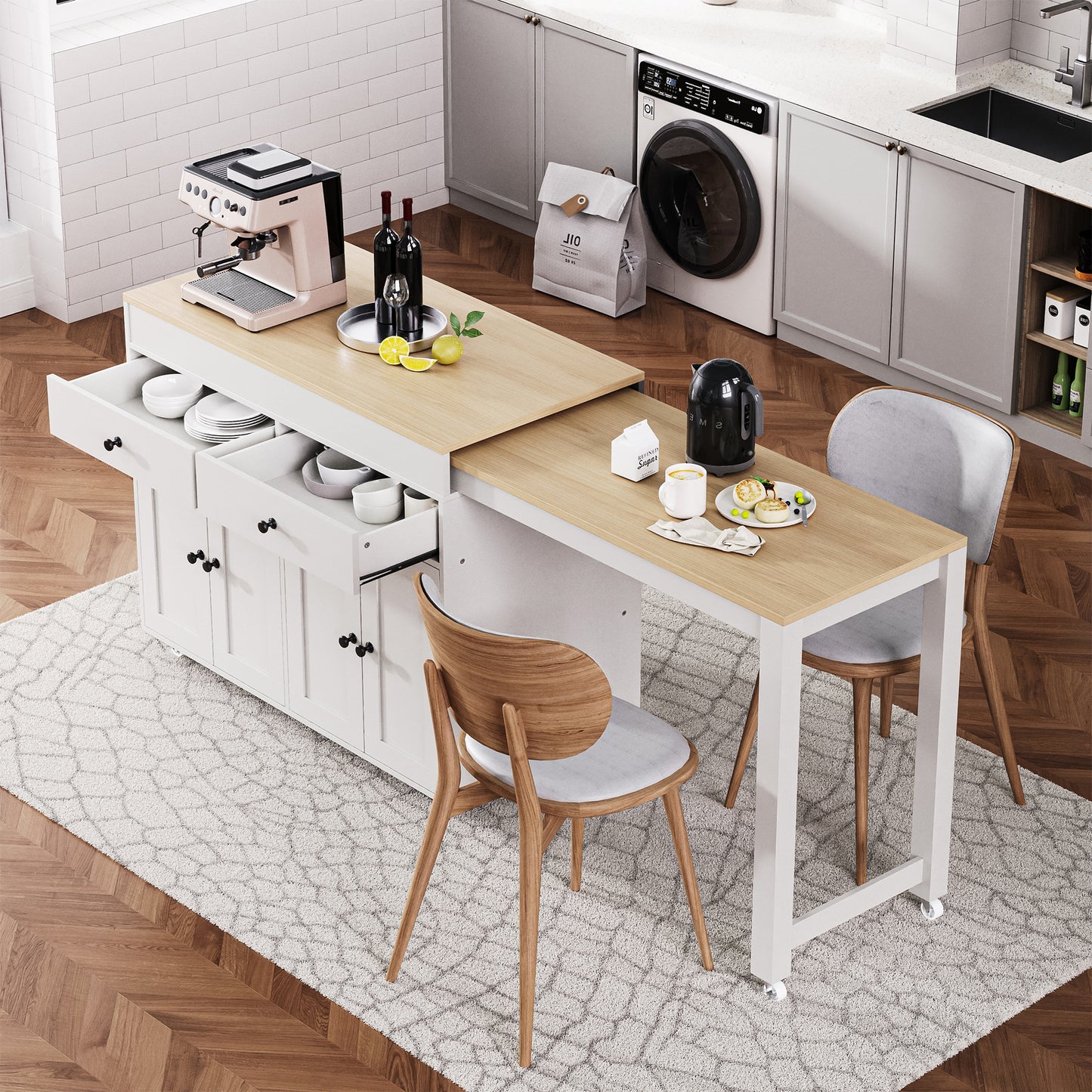 K&K 74.5 inch Kitchen Island with Extendable Dining Table , Rolling Kitchen Island on Wheels with Spice Rack and 2 Drawers, 4 Door Cabinet, for Kitchen, Dining Room, White (One Package)