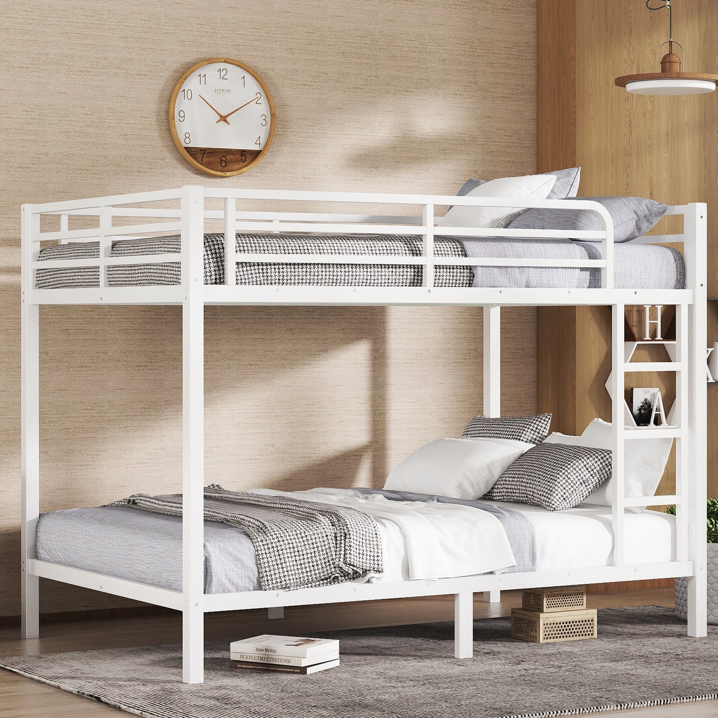 Metal Full XL over Full XL Bunk Bed for Teens and Adults,Space-Saving/Noise Reduced/No Box Spring Needed, White