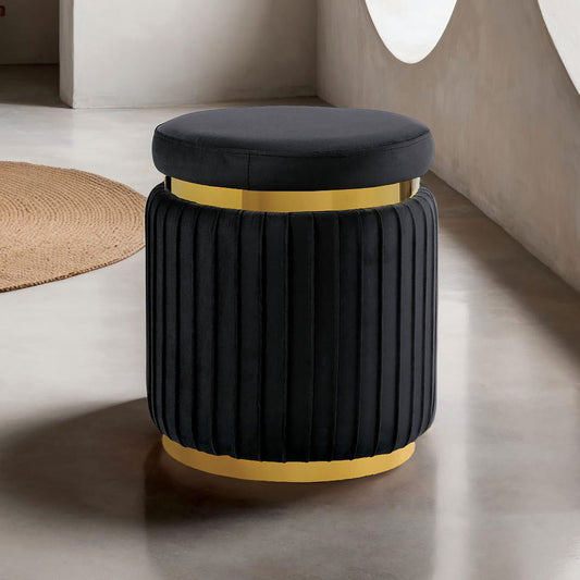 Black Finish Contemporary Style 1pc Round Accent Stool Stainless Steel Gold Trim Velvet Fabric Primary Living Room