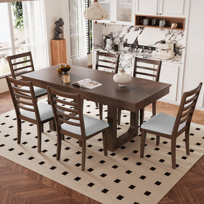 7-Piece Extendable Dining Table Set, Farmhouse Extendable Table with 18' Move Leaf, 78' Rustic Wooden Kitchen Table and 6 piece Upholstered Chairs, Expanding Dining Room Table Set, Walnut+ Beige