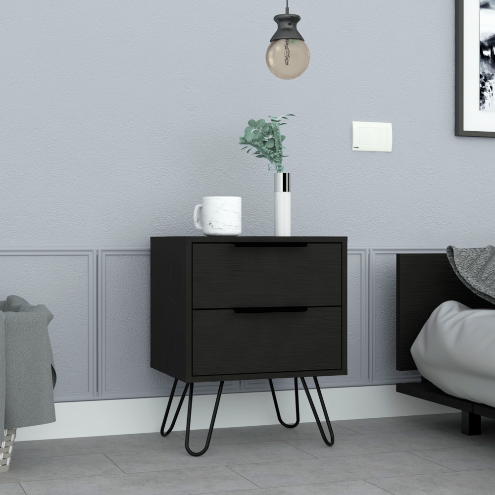 2 Nightstand, Hairpin Legs, Two Drawers, Black