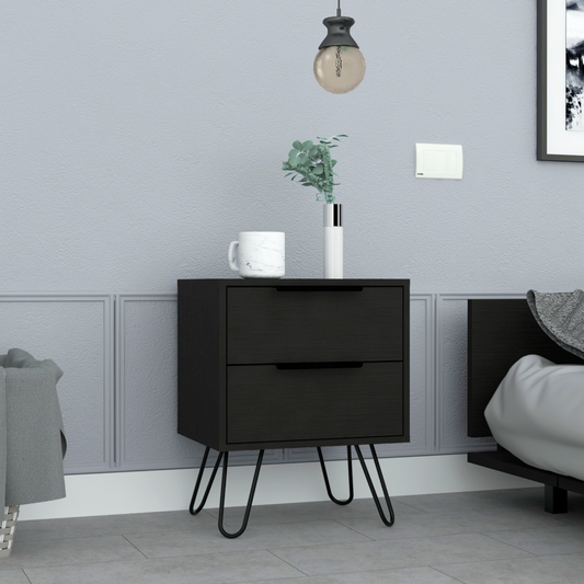 2 Nightstand, Hairpin Legs, Two Drawers, Black
