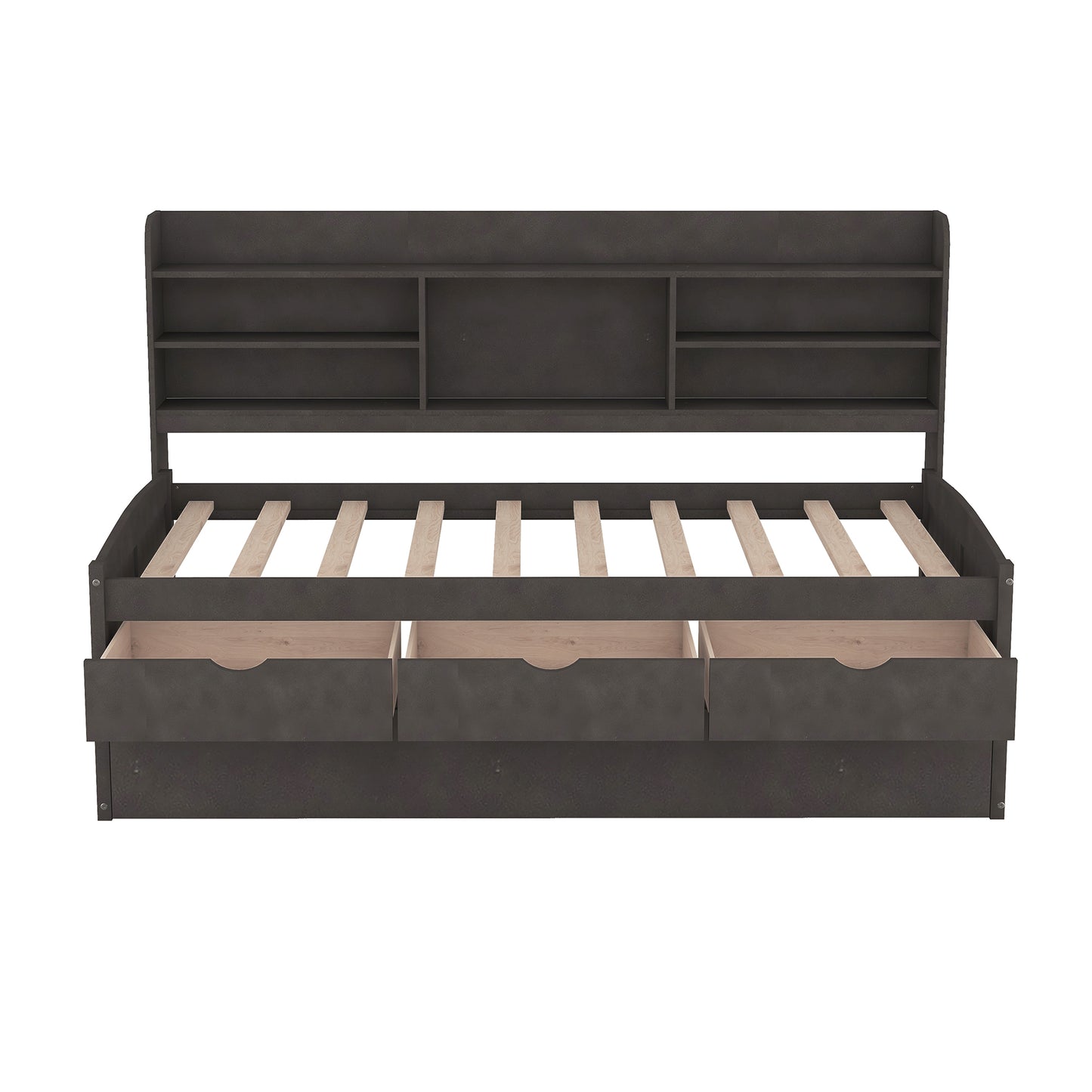 Twin Size Wooden Captain Bed with Built-in Bookshelves, Three Storage Drawers and Trundle in Antique Brown Pine Wood