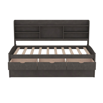 Twin Size Wooden Captain Bed with Built-in Bookshelves, Three Storage Drawers and Trundle in Antique Brown Pine Wood